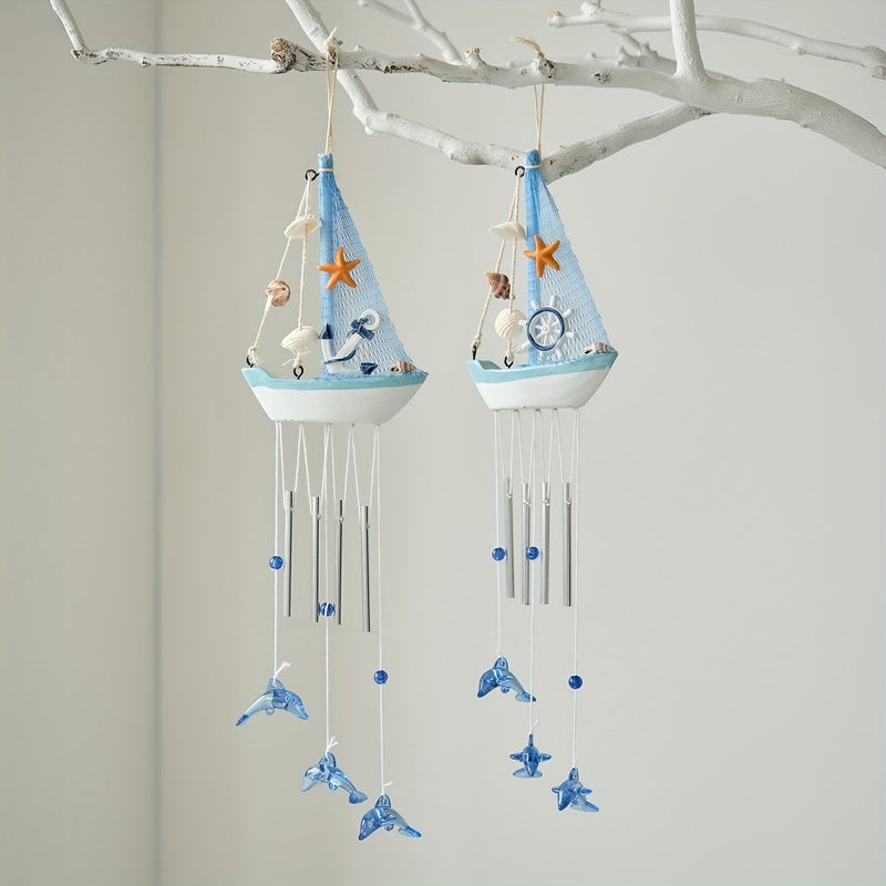 1pc Large Mediterranean Moor Small Boat Wind Chime Wooden Sailboat Pendant Hanging Ornament Wall Decor Holiday Gift - Image 1