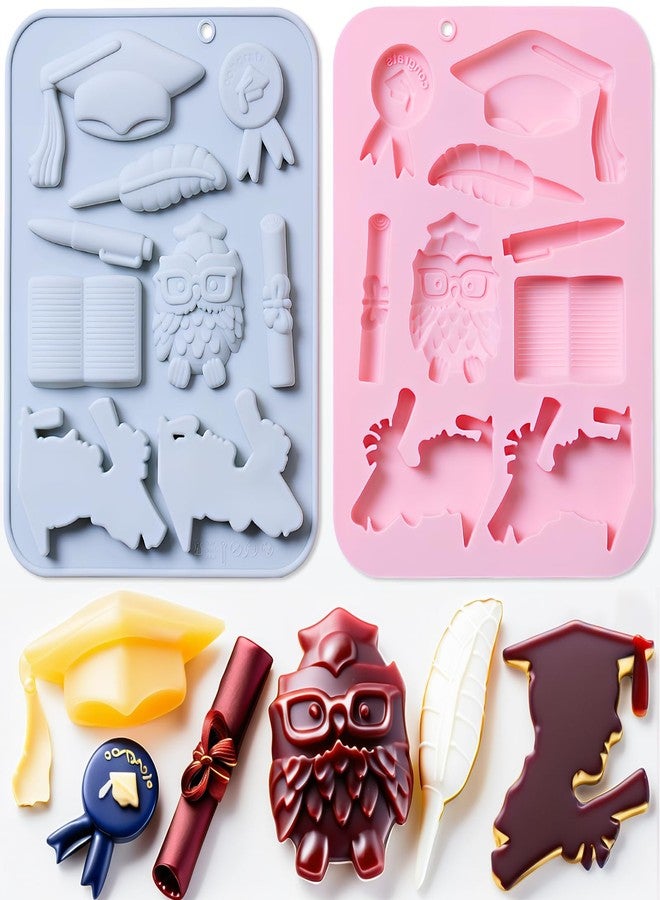 LLPMutu 2 Pack Graduation Silicone Molds Graduation Theme Silicone Chocolate Molds Graduation Cap Mold Diploma Owl Pens Books Scroll Clay Crafting Congrats Grad Chocolate Candy Mould for Grad Party Supplies - Image 1