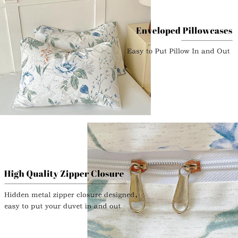 EAVD Vintage Style Garden Floral Duvet Cover Full Soft 100% Cotton Chic Shabby Floral Bedding Set with 2 Pillowcases Reversible Botanical Duvet Cover with Zipper Closure - Image 4