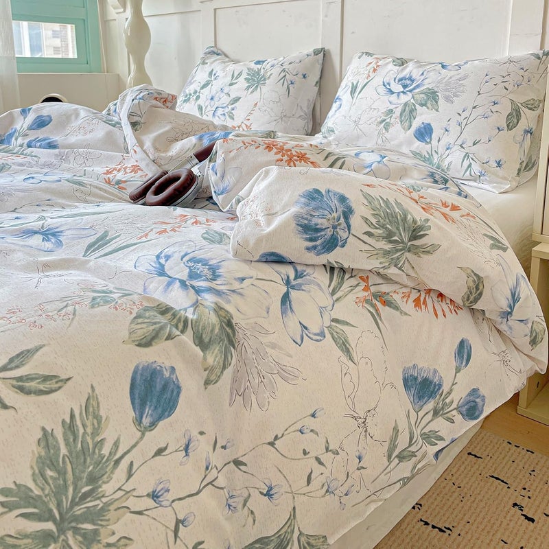 EAVD Vintage Style Garden Floral Duvet Cover Full Soft 100% Cotton Chic Shabby Floral Bedding Set with 2 Pillowcases Reversible Botanical Duvet Cover with Zipper Closure - Image 2