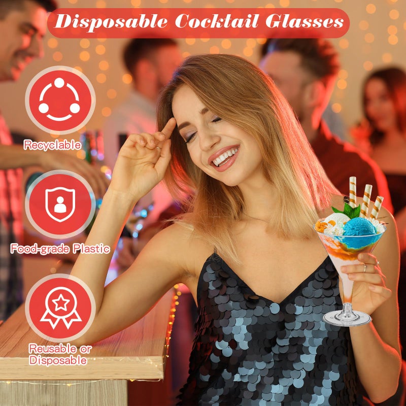 Irenare 100 Clear Plastic Martini Glasses and Cocktail Picks Set Disposable Martini Cups Clear Mini Dessert Glasses for Christmas Weddings Party Wine Appetizers Food (7 oz) - Image 3