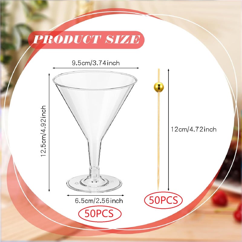 Irenare 100 Clear Plastic Martini Glasses and Cocktail Picks Set Disposable Martini Cups Clear Mini Dessert Glasses for Christmas Weddings Party Wine Appetizers Food (7 oz) - Image 2