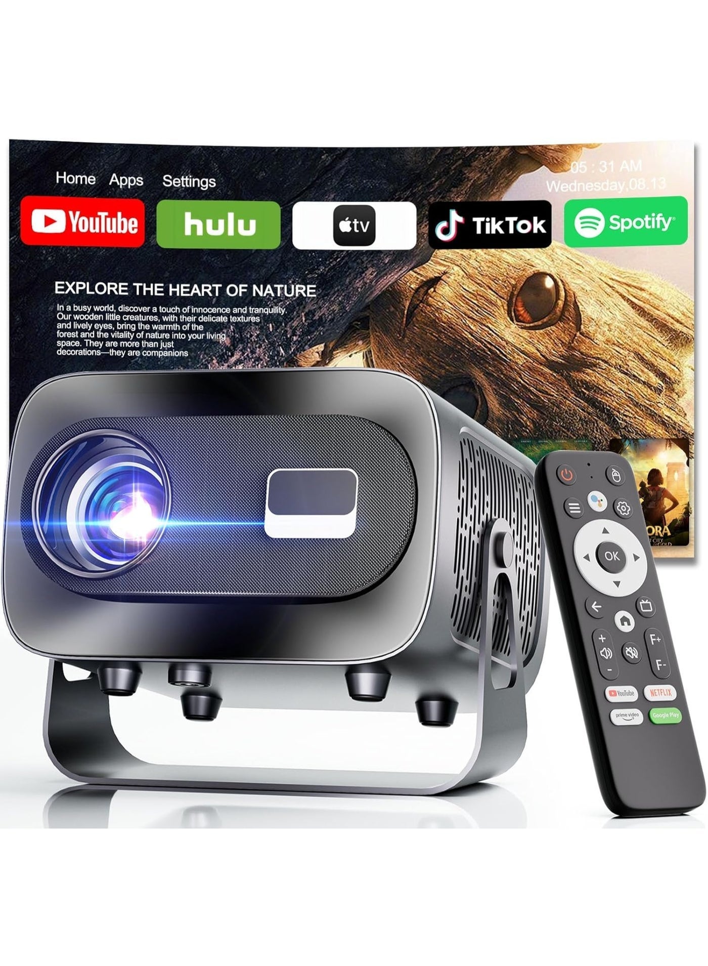 Projector with WiFi and Bluetooth, Electric Focus & Vertical Keystone, 1080P HD 4K Support, Smart Projector with Built-in Streaming Apps, Portable Projector for Outdoor & Home Movie