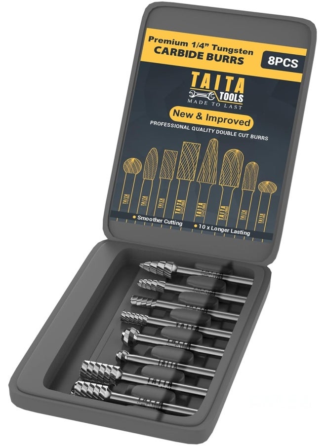 Generic Taitatools 8Pieces Carbide Burr Set 1/4" Shank, Tungsten Double Cut Rotary Die Grinder Bits - Cutting Burrs For Milwaukee, Dewalt And Die Grinder Accessories - Wood Carving Metal Working  - Image 1