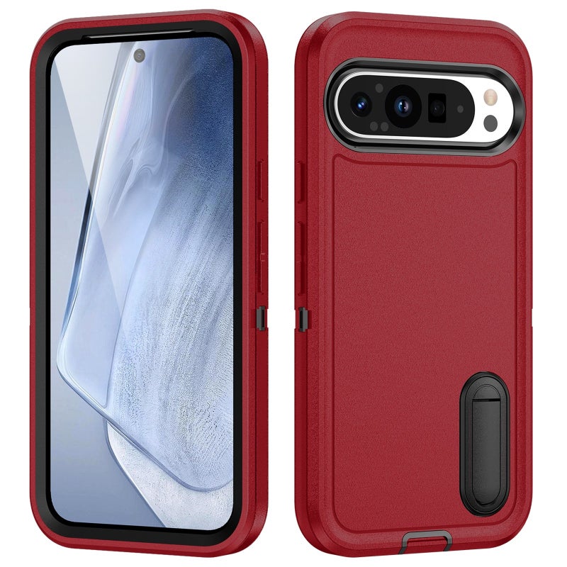 HuHa Protective Cover For Google Pixel 9 Rugged PC + Silicone Phone Case with Holder(Red+Black) - Image 1