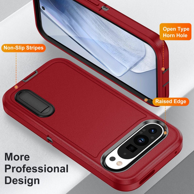 HuHa Protective Cover For Google Pixel 9 Rugged PC + Silicone Phone Case with Holder(Red+Black) - Image 3