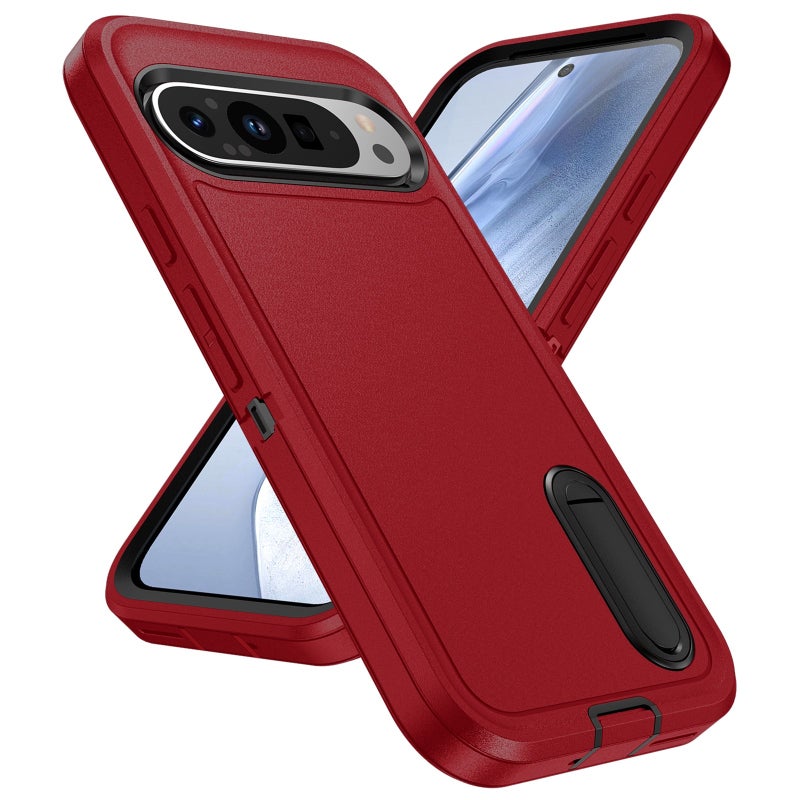 HuHa Protective Cover For Google Pixel 9 Rugged PC + Silicone Phone Case with Holder(Red+Black) - Image 2