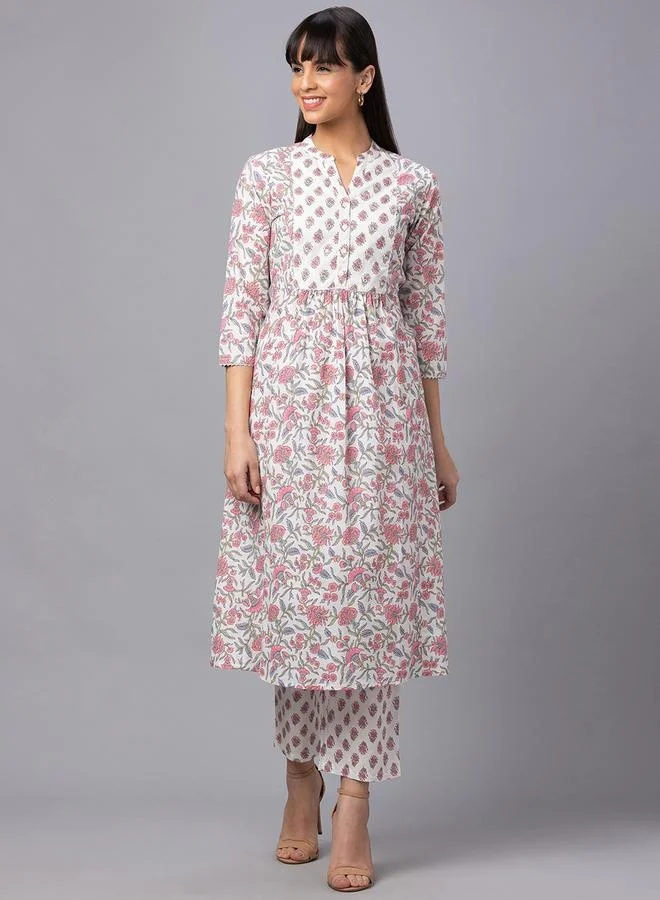 globus Women Ivory Mandarin Collar Printed Panelled Kurta Set with Trouser by Styli