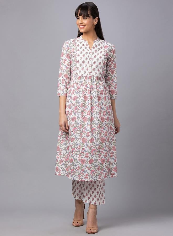 Globus Mandarin Collar Printed Kurta with Trousers Set - Image 1