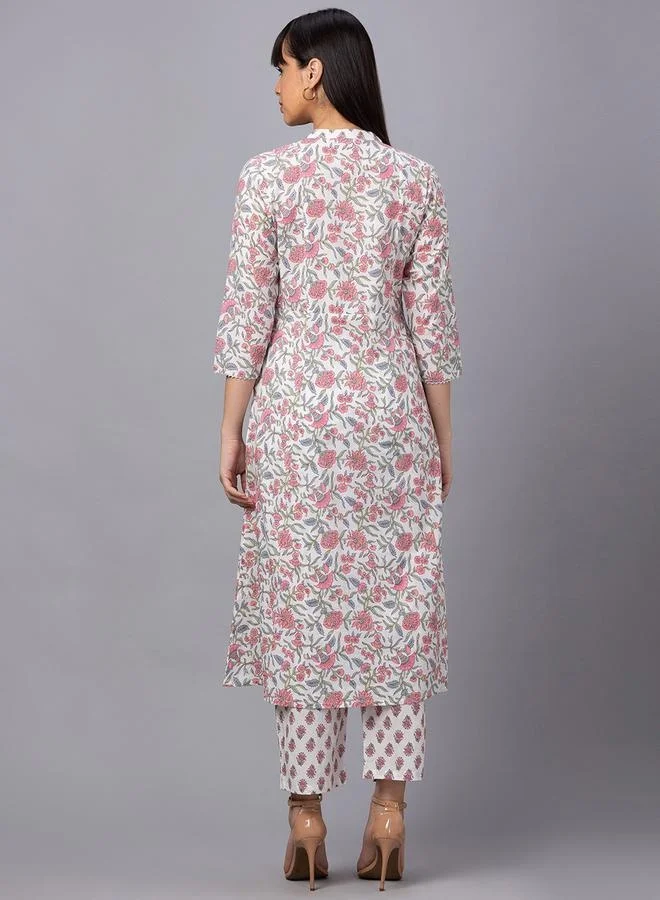 globus Women Ivory Mandarin Collar Printed Panelled Kurta Set with Trouser by Styli