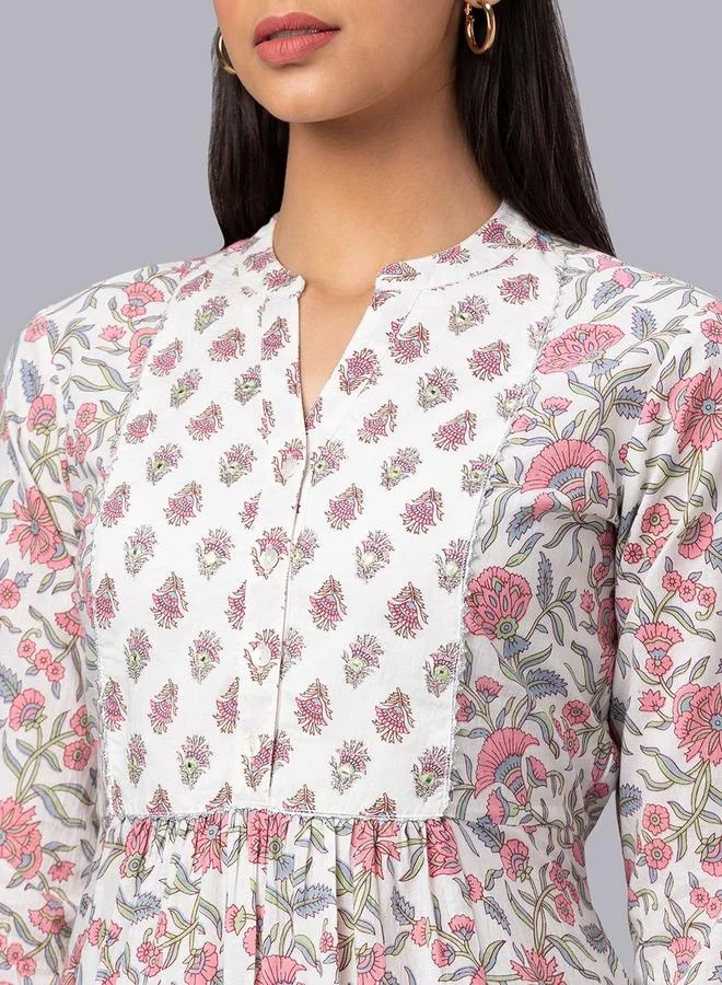 globus Women Ivory Mandarin Collar Printed Panelled Kurta Set with Trouser by Styli