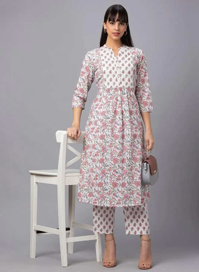globus Women Ivory Mandarin Collar Printed Panelled Kurta Set with Trouser by Styli