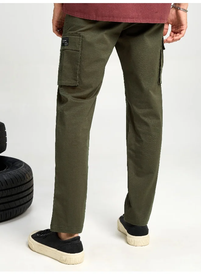 Beyoung Crocodile Green Solid Cargo Pants for Men