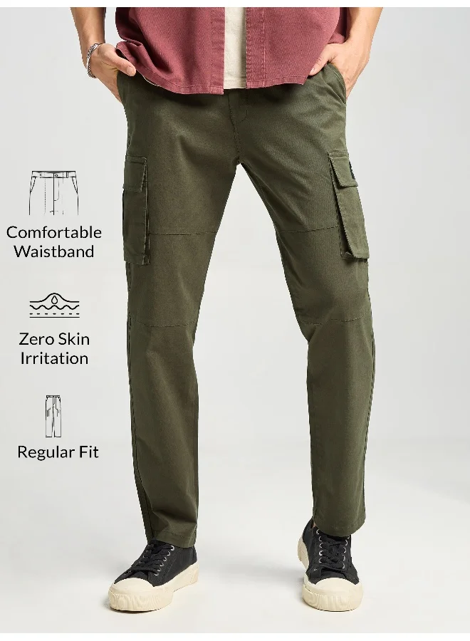 Beyoung Crocodile Green Solid Cargo Pants for Men