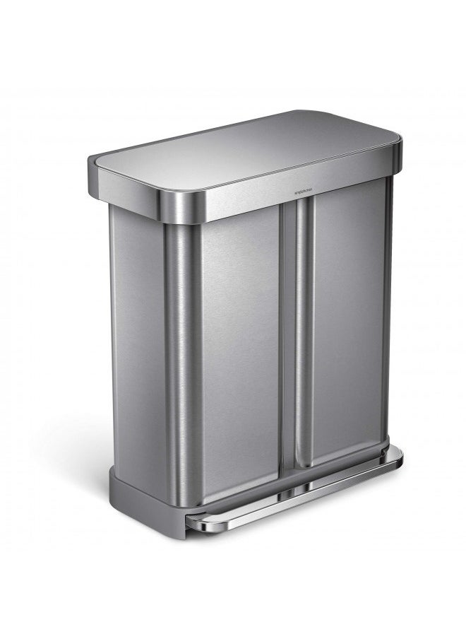 Simplehuman 58 Liter / 15.3 Gallon Rectangular Hands-Free Dual Compartment Recycling Kitchen Step Trash Can With Soft-Close Lid, Brushed Stainless Steel