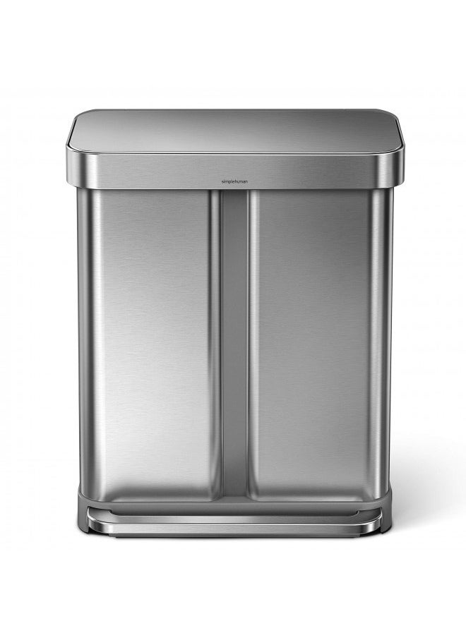 Simplehuman 58 Liter / 15.3 Gallon Rectangular Hands-Free Dual Compartment Recycling Kitchen Step Trash Can With Soft-Close Lid, Brushed Stainless Steel