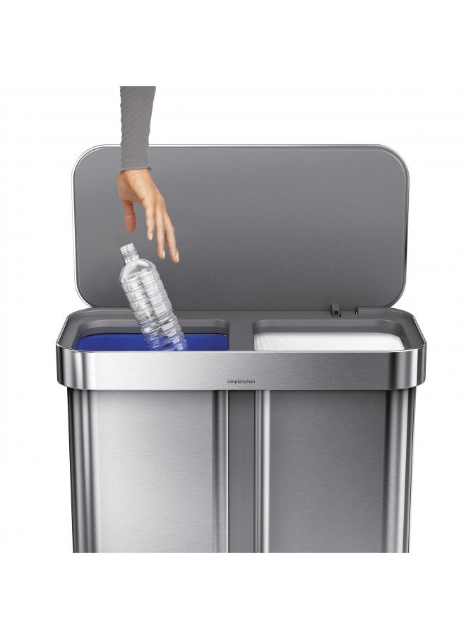 Simplehuman 58 Liter / 15.3 Gallon Rectangular Hands-Free Dual Compartment Recycling Kitchen Step Trash Can With Soft-Close Lid, Brushed Stainless Steel