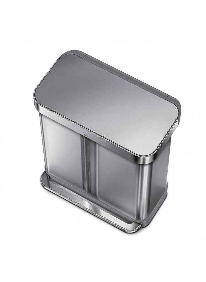 Simplehuman 58 Liter / 15.3 Gallon Rectangular Hands-Free Dual Compartment Recycling Kitchen Step Trash Can With Soft-Close Lid, Brushed Stainless Steel