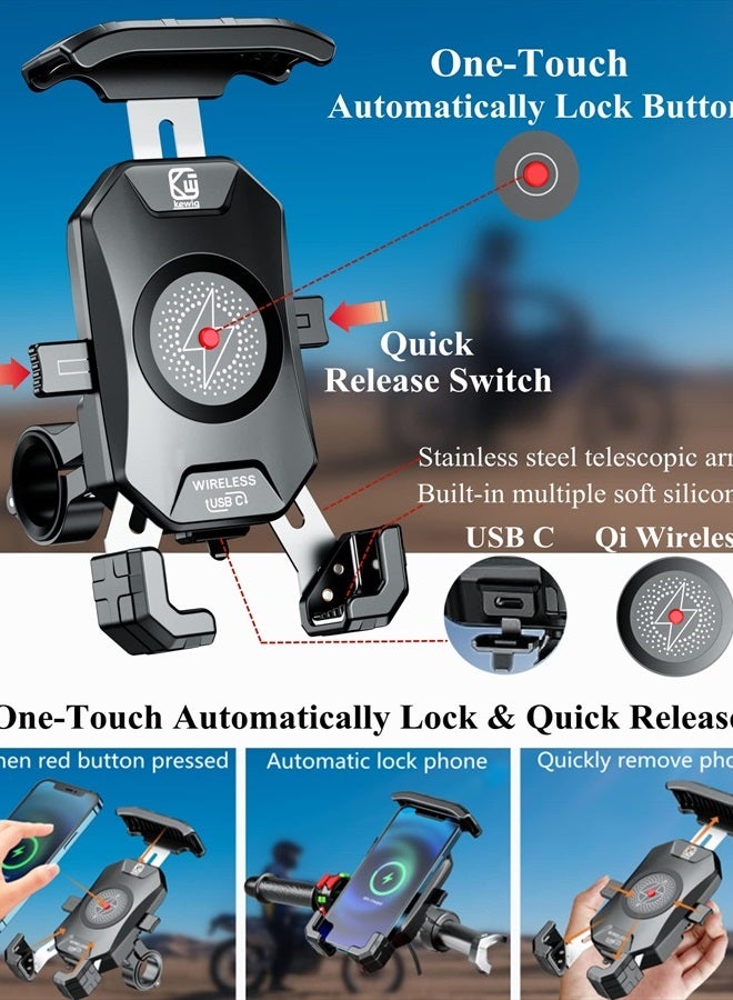 BRCOVAN Motorcycle Phone Mount with Qi 15W Wireless Charger and USB C 20W Fast Charging Port, One Touch Auto Lock Motorcycle Cell Phone Holder with Aluminum Alloy Handlebar Base for 4''-7'' Phones - Image 3