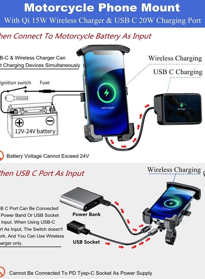 BRCOVAN Motorcycle Phone Mount with Qi 15W Wireless Charger and USB C 20W Fast Charging Port, One Touch Auto Lock Motorcycle Cell Phone Holder with Aluminum Alloy Handlebar Base for 4''-7'' Phones - Image 2