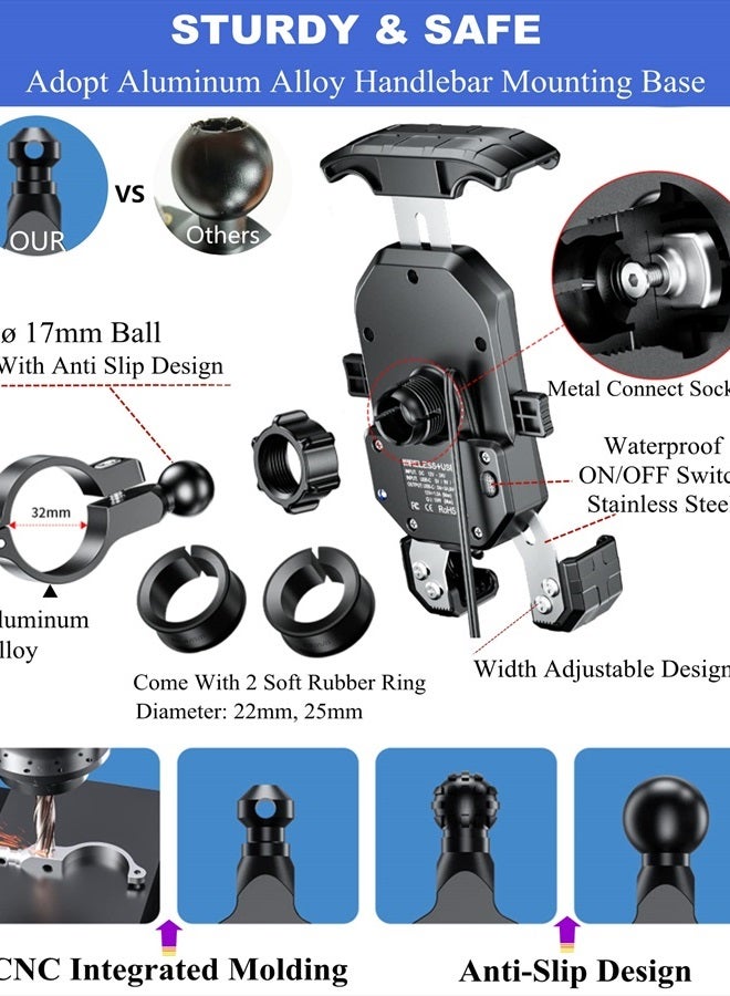 BRCOVAN Motorcycle Phone Mount with Qi 15W Wireless Charger and USB C 20W Fast Charging Port, One Touch Auto Lock Motorcycle Cell Phone Holder with Aluminum Alloy Handlebar Base for 4''-7'' Phones - Image 5