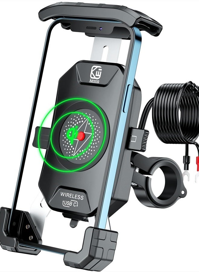 BRCOVAN Motorcycle Phone Mount with Qi 15W Wireless Charger and USB C 20W Fast Charging Port, One Touch Auto Lock Motorcycle Cell Phone Holder with Aluminum Alloy Handlebar Base for 4''-7'' Phones - Image 1