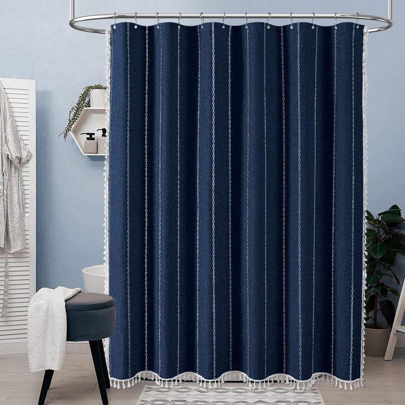 BTTN Boho Farmhouse Shower Curtain - Linen Rustic Weighted Striped Fabric Shower Curtain Set with Tassel, Water Repellent, Bohemian Vintage Country Cloth Shower Curtain for Bathroom, Navy Blue, 72x72 - Image 2
