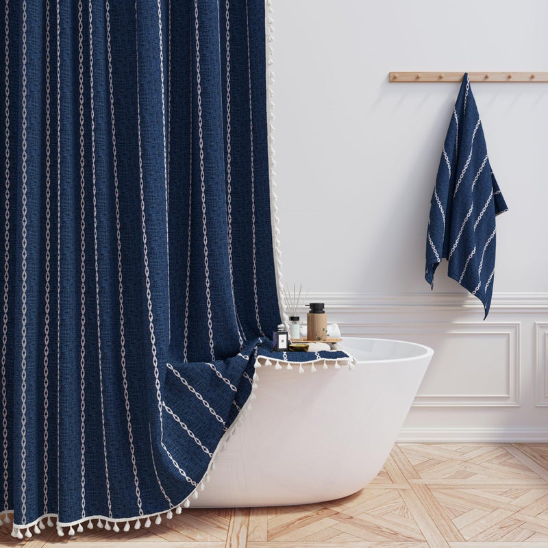 BTTN Boho Farmhouse Shower Curtain - Linen Rustic Weighted Striped Fabric Shower Curtain Set with Tassel, Water Repellent, Bohemian Vintage Country Cloth Shower Curtain for Bathroom, Navy Blue, 72x72 - Image 1