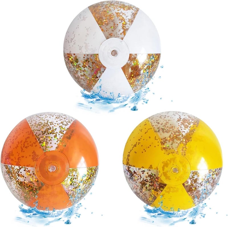 NALACAL Inflatable Beach Balls, 3 PCS 14in Vibrant Colorful Water Toys for Pool Games & Summer Parties, Glitter Confetti Design with Inflator, Perfect for Beach, Poolside Fun & Outdoor Recreation - Image 1