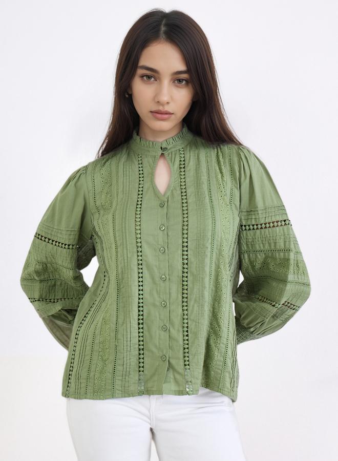 ستايلي بلوزة بتفاصيل شيفلي وأكمام طويلة - Image 1