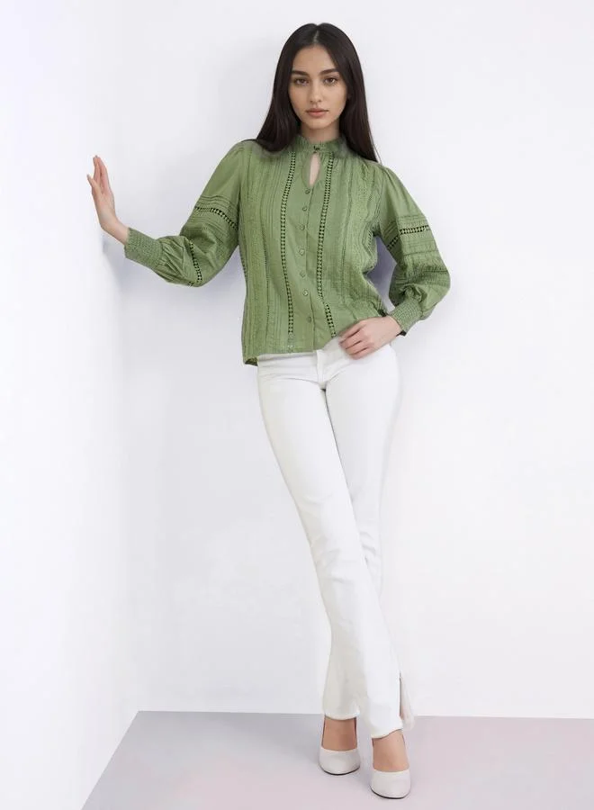 Styli Styli Long Sleeve Cotton Blouse with Schiffli and Lace Detail