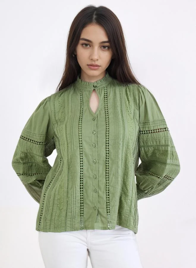Styli Styli Long Sleeve Cotton Blouse with Schiffli and Lace Detail