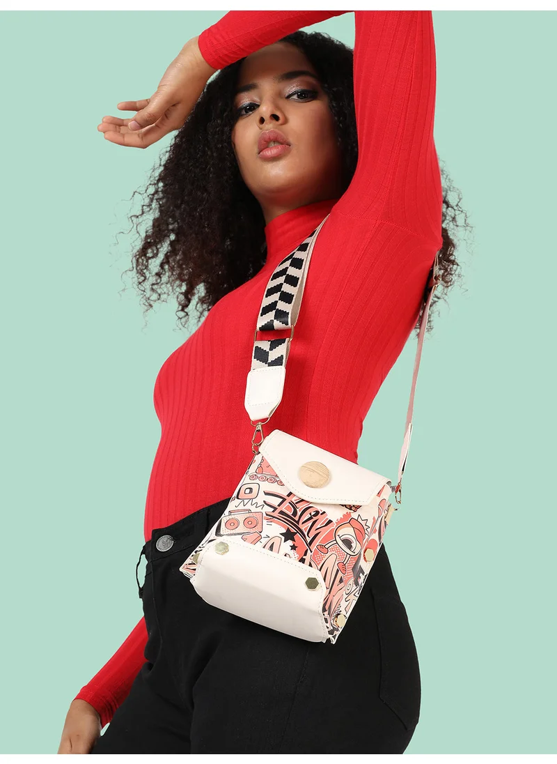 Haute Sauce White Printed Vegan Leather Sling Bag