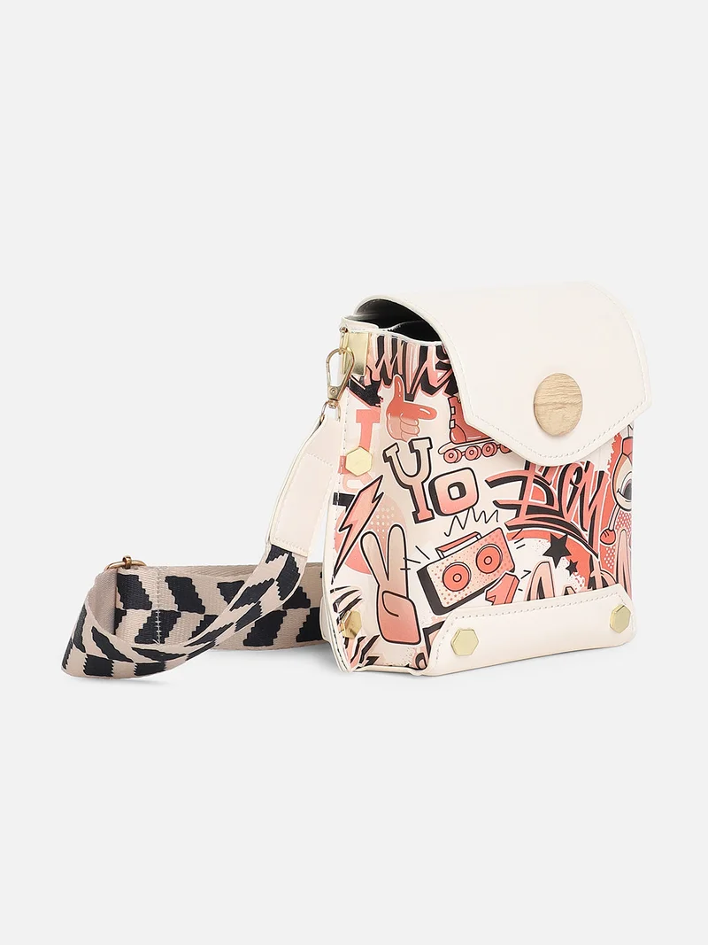 Haute Sauce White Printed Vegan Leather Sling Bag
