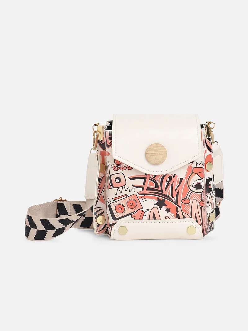 Haute Sauce White Printed Vegan Leather Sling Bag