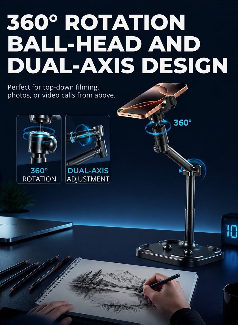 DRAKLAW Adjustable Height Phone Stand for Desk, Angle Adjustable Desktop Phone Holder with 360°Rotation Ball-Head,Weighted Base and Aluminum Alloy Support Rod for Home Supplies, Adjustable Phone Stand, for Video Calls, Recording, Meetings, Home Fitness, Workout, Travel, Utility Areas - Image 4