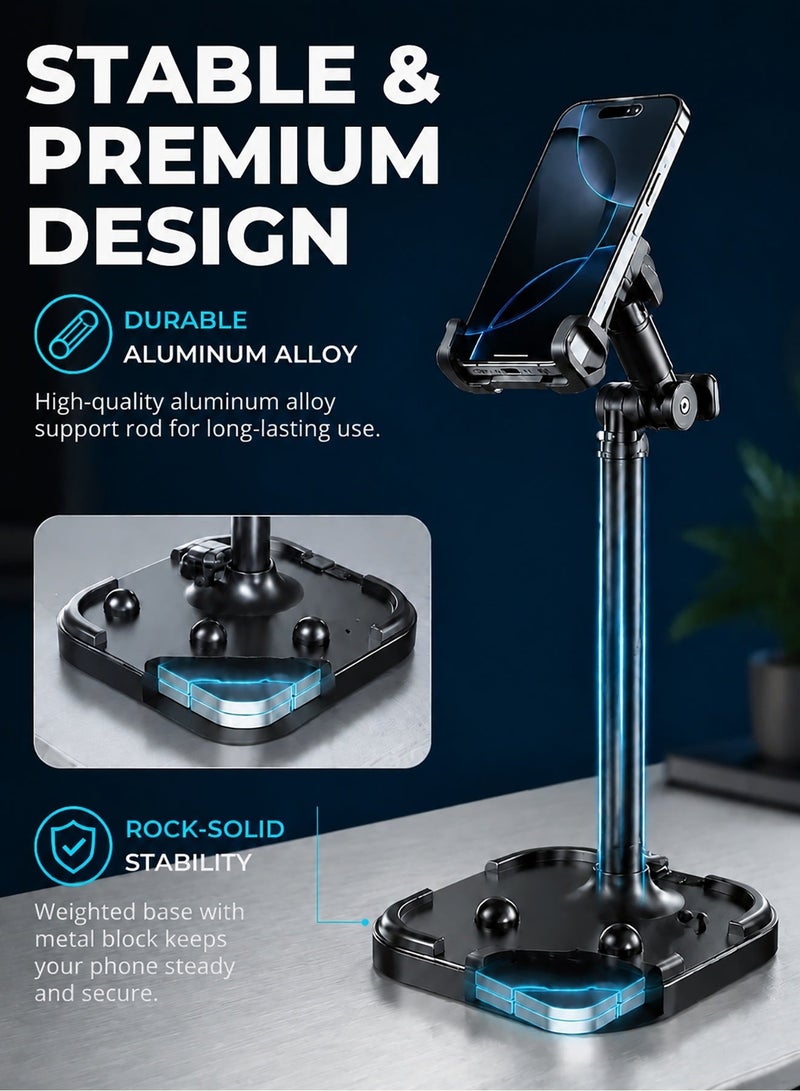 DRAKLAW Adjustable Height Phone Stand for Desk, Angle Adjustable Desktop Phone Holder with 360°Rotation Ball-Head,Weighted Base and Aluminum Alloy Support Rod for Home Supplies, Adjustable Phone Stand, for Video Calls, Recording, Meetings, Home Fitness, Workout, Travel, Utility Areas - Image 3