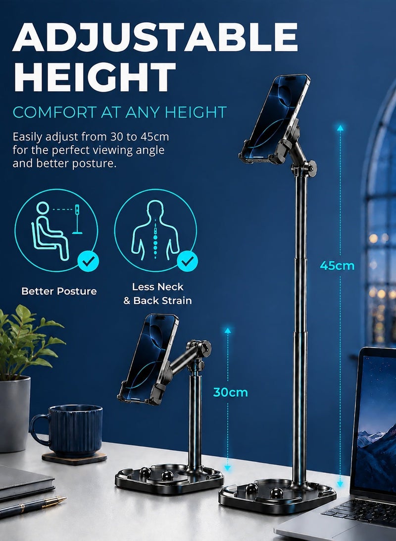 DRAKLAW Adjustable Height Phone Stand for Desk, Angle Adjustable Desktop Phone Holder with 360°Rotation Ball-Head,Weighted Base and Aluminum Alloy Support Rod for Home Supplies, Adjustable Phone Stand, for Video Calls, Recording, Meetings, Home Fitness, Workout, Travel, Utility Areas - Image 2