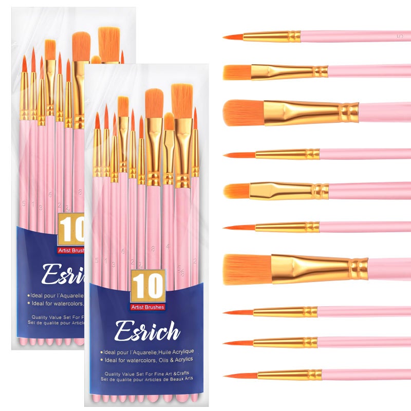 ESRICH Paint Brushes, 2 Packs / 20 Pcs Nylon Miniature Paintbrushes, Face and Body Watercolor Oil Painting Artist Professional Acrylic Paint Brushes Set,Pink - Image 1