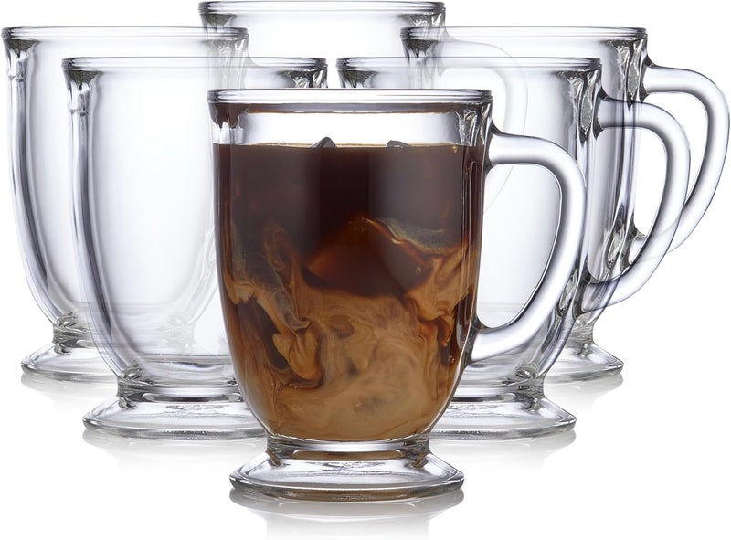 LIBBEY Kona Glass Coffee Mugs Set of 6, Elegant 16 Ounce Clear Tea Mug, Dishwasher Safe Glass Mugs with Handles for Tea, Coffee,and Espresso - Image 1