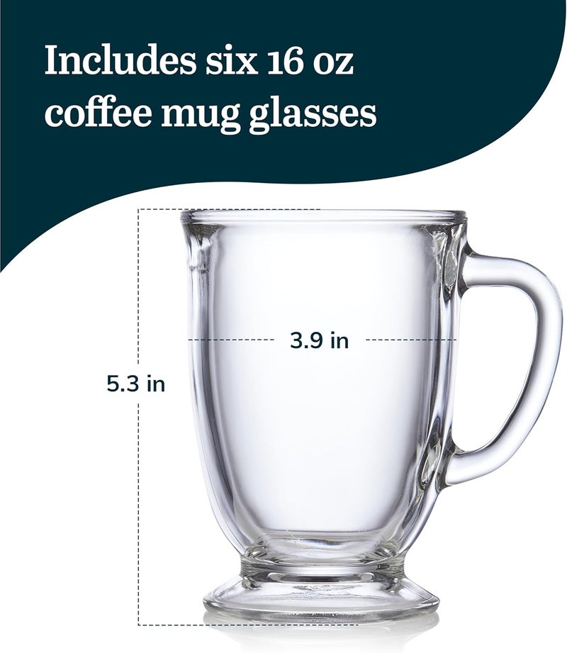 LIBBEY Kona Glass Coffee Mugs Set of 6, Elegant 16 Ounce Clear Tea Mug, Dishwasher Safe Glass Mugs with Handles for Tea, Coffee,and Espresso - Image 3