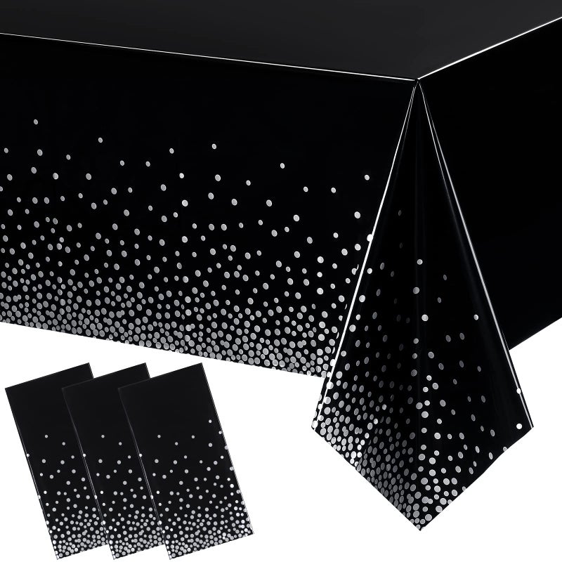3 Pieces Dot Tablecloth Confetti Rectangle Plastic Disposable Table Cover for Birthday Wedding Baby Shower Engagement Anniversary Bachelorette Party 54 x 108 Inch Black and Silver