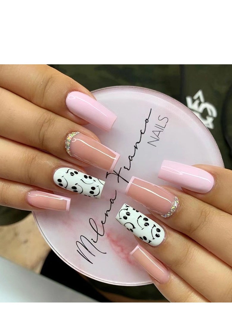Generic 24 Pcs Square Press on Nails, Pink & White with Smile Face Print French Tip Nails, Glossy Stick-on Nails with Gel Glue, Nail File, Cleaning Pad, Wooden Stick, Easy to Apply & Long-Lasting  - Image 1