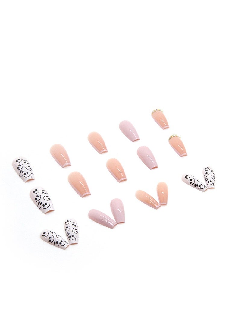 Generic 24 Pcs Square Press on Nails, Pink & White with Smile Face Print French Tip Nails, Glossy Stick-on Nails with Gel Glue, Nail File, Cleaning Pad, Wooden Stick, Easy to Apply & Long-Lasting  - Image 2