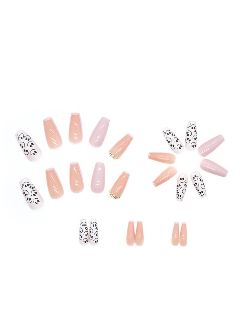 Generic 24 Pcs Square Press on Nails, Pink & White with Smile Face Print French Tip Nails, Glossy Stick-on Nails with Gel Glue, Nail File, Cleaning Pad, Wooden Stick, Easy to Apply & Long-Lasting  - Image 3