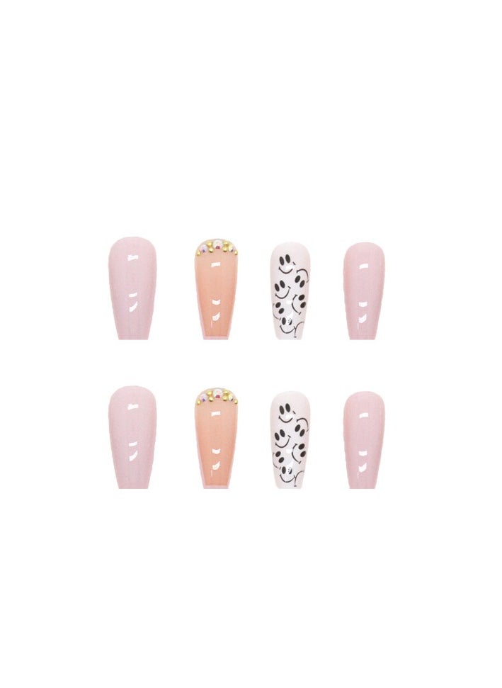 Generic 24 Pcs Square Press on Nails, Pink & White with Smile Face Print French Tip Nails, Glossy Stick-on Nails with Gel Glue, Nail File, Cleaning Pad, Wooden Stick, Easy to Apply & Long-Lasting  - Image 4