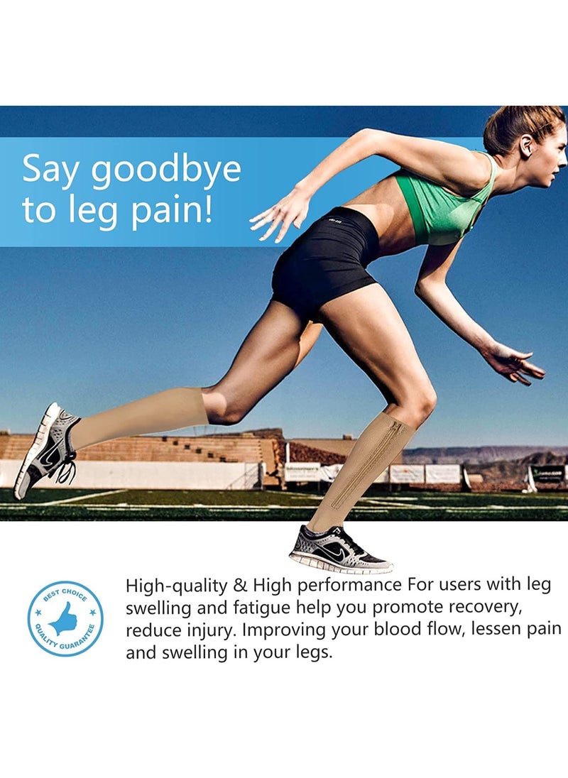 Generic - 2 Pair of Sports Compression Socks Compression Zipper Socks Long Calf Elastic Stockings (Beige Black) - Image 1