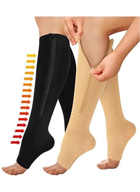 2 Pair of Sports Compression Socks Compression Zipper Socks Long Calf Elastic Stockings (Beige Black)