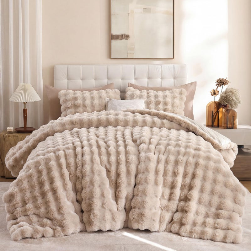 YIKUSH Linen Comforter Set Full - Luxurious Faux Fur Comforter for Winter, Fluffy Comforter Queen Set with 2 Pillowcases, Soft Warm Linen Bedding Set - Image 1