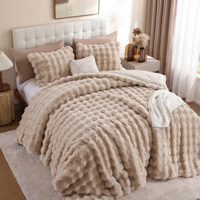YIKUSH Linen Comforter Set Full - Luxurious Faux Fur Comforter for Winter, Fluffy Comforter Queen Set with 2 Pillowcases, Soft Warm Linen Bedding Set - Image 2